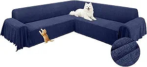 ALIECOM Corner Sectional Couch Covers L Shape Sofa Cover with Tassel Chenille Soft Thick U Shaped Sectional Slipcovers Washable Furniture Protector for Pets Dogs Cats (Navy Blue, 91x275 Inch)