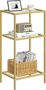 Side Table with Tempered Glass, End Table with Storage Shelves, 3-Tier Small Nightstand,Tall Table Stand for Home Decor, Living Room, Bedroom, Office, Gold