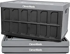 CleverMade Collapsible Storage Bins with Lids (46L, 3 Pack) Stackable Foldable Plastic Storage Crates for Home, Closet & Trunk Organization - Stone