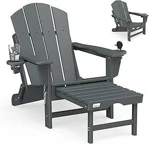 Mdeam Folding Adirondack Chair with Retractable Ottoman, HDPE All-Weather Fire Pit Chair with 2 Cup Holders, Outdoor Chair for Deck Patio Garden Backyard Lawn (Grey)