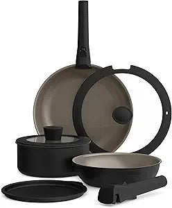 bella 8 Piece Removable Handle Cookware Set, Fits-anywhere Kitchenware w EverGood Ceramic Nonstick Coating, Dishwasher & Oven Safe, All Stovetops Compatible, Glass Lids with Silicone Rims, Black