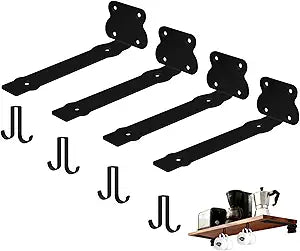 BRATA 4 Pack 8 Inch Shelf Brackets with Detachable Hooks, Brackets for 8"-10" Wall Shelves, Kitchen Bedroom Shelf Bracket, Hardware Included, Black