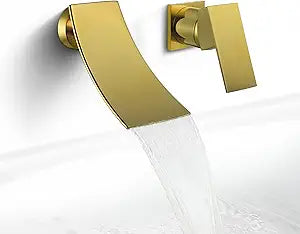 SKOWLL Ti Gold Waterfall Wall Mounted Bathroom Faucet, Single Handle Bathroom Sink Faucet with High Filler Tub Spout, Modern Brass Valve Included