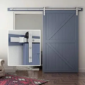 SMARTSTANDARD 8 Feet Brushed Nickel Sliding Barn Hardware Kit-Sturdy Silvery Track-Smoothly and Quietly-Simple and Easy to Install-Fit 48" Wide Door Panel (I Shape Hanger)