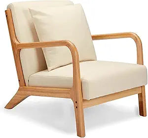JOMEED Oak Wood Frame Mid Century Modern Accent Leisure Chair for Modern and Retro Decor Style Living Room with Soft Linen Upholstery, Beige