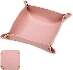 8 x 8 Inch Pink PU Leather Valet Tray for Keys, Coins, Jewelry and Phone