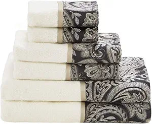 Madison Park Aubrey 100% Cotton Luxurious Bath Towel Set Highly Absorbent, Quick Dry, Jacquard Paisley Design, Hotel & Spa Quality for Bathroom Decor, Multi-Sizes, Black 6 Piece