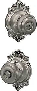 Schlage F40 GEO 619 BRK Georgian Door Knob with Brookshire Trim, Bed & Bath Privacy Lock, Satin Nickel