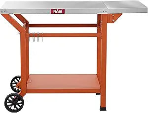Feasto Movable Grill Table with Folding Side Table, Pizza Oven Table as BBQ Food Prep Cart with Undershelf for Outdoor & Indoor Use, 43" L x 20" W Stainless Steel Tabletop, Orange