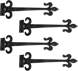 Renovators Supply Manufacturing Strap Hinge 18 in. Black Wrought Iron Fleur De Lis Style Flush Mount Heavy Duty Strap Gate and Door Hinges with Hardware Pack of 4