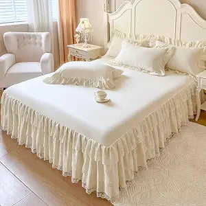 Butterfly Lace Bed Skirt 17 Inch Drop, Easy Fit Dust Ruffle Queen Size Bed Wrap Around Bedskirts & Bedsheet Anti Wrinkle