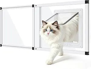 Unbreakable PC Cat Door for Window 100% Polycarbonate | No Metal Frame & Glass | Fits 37"-45" Width Window, 1-Min Install, Adjustable Window Cat Door Insert with 4 Locking Models