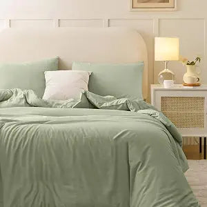 Nanko Queen Duvet Cover Set Sage Green Light Green 3pc 90x90 Luxury Microfiber Comforter Quilt Bedding Cover with Deco Buttons Zip Closure Ties - Modern Elegant Style for Men and Women Chambray Teen