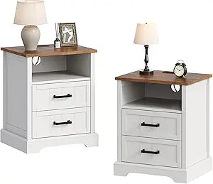 ChooChoo Farmhouse Night Stands with Charging Station, Wood Nightstand Set of 2 with 2 Drawers, Bedside Table with Open Storage Shelf for Bedroom, White