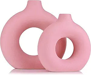 Pink Vase Decor Donut Vase Set of 2 - Circle Hollow Vases, Modern Matte Ceramic Vases for Entryway Living Room Bedroom Dining Table Centerpiece Office Home Decor