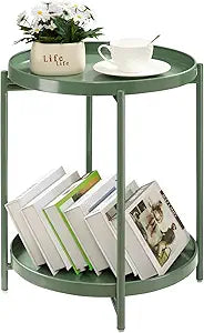TeoKJ 2 Tier Green Side Table, Folding Round Metal End Table Small Nightstand with Two Removable Tray for Bedroom Living Room Bedside Small Spaces Dark Green