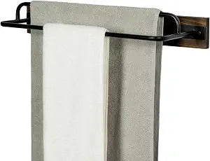 MyGift 2 Tier Wall Mounted Industrial Matte Black Metal Towel Holder Bar on Rustic Burnt Solid Wood, 18 Inch Dual Rails for Hanging Bathroom Hand Towels