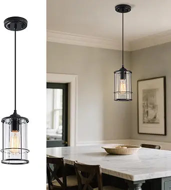 AKEZON Black Pendant Lights Kitchen Island, Farmhouse Cage Glass Light