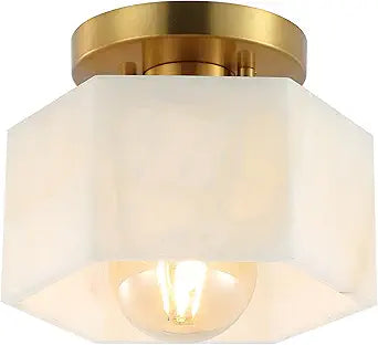 JONATHAN Y 8" Brass Gold Modern 1-Light Hexagonal LED Semi Flush Mount Ceiling Light, White Alabaster Marble Shade, Glam Lamp for Hallway, Bedroom, Bathroom, LED Bulb Included JYL1204A