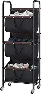 GRANNY SAYS 3 Section Tiered Laundry Sorter, Slim Vertical Laundry Hamper with Wheels, Narrow Rolling Laundry Cart with Removable Bags for Laundry Room, Bathroom, Closet, Dorm, Black