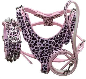 Leather Spiked Studded Harnesses, Collars & Leashes 3Pcs Matching Set for Medium & Large Dogs Pitbull,Mastiff, Boxer, Bull Terrier (Leopard1, L)