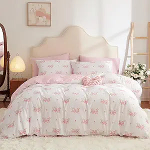 Queen Duvet Cover Pink Bow Bedding Set 3 Pieces Reversible Pink Heart Comforter Cover for Girls Kids, 1 Cute Coquette Duvet Covers with 2 Pillowcases (No Comforter)