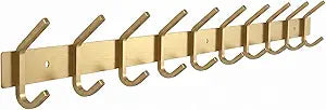 Brushed Gold Wall Mounted Coat Rack 30 Inch Stainless Steel Rail with 10 Double Coat Hooks for Entryway, Bathroom, Bedroom, Kitchen Modern Gold Hook Rack for Coats, Hats, Towels