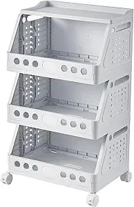 UFORU 3 Tier Rolling Storage Cart, Plastic Open Storage Basket with Wheels,Foldable Storage Shelf for Kitchen, Bathroom, Bedroom, Living Room, Books, Toys