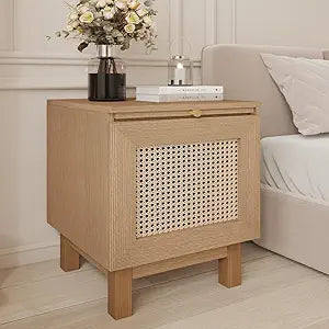 Rattan End Table, Rattan Nightstand with Hidden Retractable Desktop, End Table with Handmade Rattan Decorated Drawer, Wood Nightstand for Living Room and Bedroom