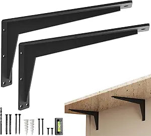 2 Pack Heavy Duty Shelf Brackets 16 Inch Mantel Decorative L Bracket for Shelves, Metal Shelf Support Bracket, Wall Mounted Granite Countertop Iron Corbels, Floating Black Shelving Brackets