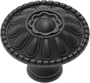 trust4care 30-Pack Euro-Style Matte Black Kitchen Cabinet Knobs, 1.25" Round Zinc Drawer Knobs with Victorian Floral Pattern, Farmhouse & Vintage Dresser Handle Hardware