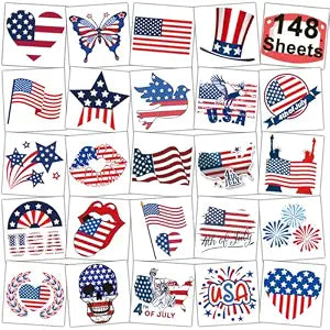 CHARLENT 4th of July Temporary Tattoos - 148 Individually Sheets