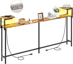 HLDIRECT 71 Inch Narrow Console Table, Behind Couch Table with LED Light & Double Storage Shelves, Sofa Table with Power Outlet for Living Room, Long Entryway Table for Hallway, Rustic Brown