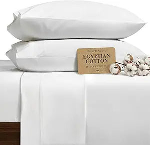 HYPREST Egyptian Cotton Sheets Queen Size - Queen Sheets Deep Pocket Cotton 18 Inch, Luxury Soft & Crisp Bed Sheets Set, Durable Cooling Hotel Bedding, Oeko-TEX Certified, White