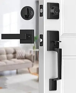 Brightify Black Front Door Handle, Matte Black Exterior Door Handle with Door Lever, Modern Front Door Lock Set, Adjustable Deadbolt with Single Cylinder, Reversible for Right&Left