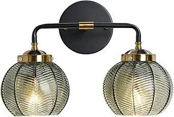 Mid Century Vanity Light Black Bathroom Wall Light Fixtures Green Glass Wall Sconce lamp Ribbed Glass Shade Modern Art Deco Vanity Lights for Over Mirror Bedroom Hallway 2 Lights