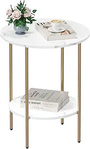 Side Table, Round End Table with 2 Storage Shelves, Compact Living Room Accent Table, Space-Saving Small Bedside Table, 18x18x22in, Marble White