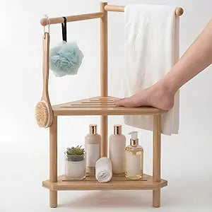 Threehoney 2 Tier 17" x 31" Bamboo Corner Shower Stool Shelf with Towel Bar for Bathroom Wood Foot Rest, Shower Storage Organizer Bench Caddy for Inside, Small Spaces Free Standing