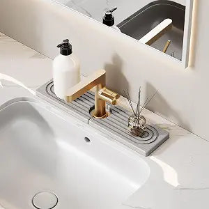 15.7 Inch Stone Faucet Mat for Kitchen Sink Splash Guard - Diatomite Quick Dry Stone Mat Kitchen Sink Protectors, Water-Absorbent Faucet Handle Drip Catcher Tray with Drainage (Gray, 15.7" x 3.9")