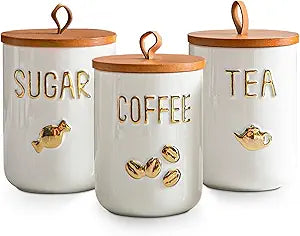 White Ceramic Canister Set for Coffee Tea Sugar, 3-Piece Food Storage Jars with Wood Airtight Lids, Decorative Small Container for Kitchen Pantry Counter - 25oz
