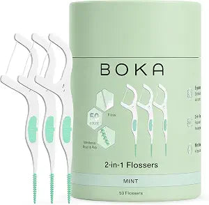 Boka 2-in-1 Dental Floss Picks and Interdental Brush, 50 Count, Mint
