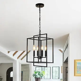 Black Chandelier, 4-Light Modern Farmhouse Foyer Lighting Fixtures, Rustic Geometric Chandeliers for Dining Room, Adjustable Metal Lantern Pendant Light for Stairway Entryway Kitchen Island