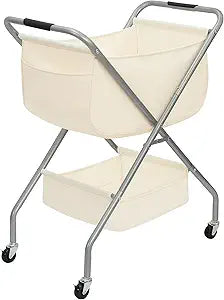 STORAGE MANIAC Collapsible Laundry Cart with Wheels 31.5"H Rolling Laundry Hamper Clothes Basket with Wheels, Canvas Liner Sturdy Steel Frame Folding for Small Narrow Space Easy Storage, Beige