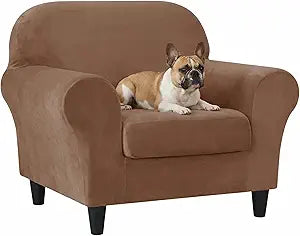 Velvet Loveseat Couch Covers for 2 Cushion Couch Sofa - High Stretch 3 Pieces Washable Furniture Protector with Elastic Bottom for Kids,Pets (Brown, Armchair (1 Cushion))