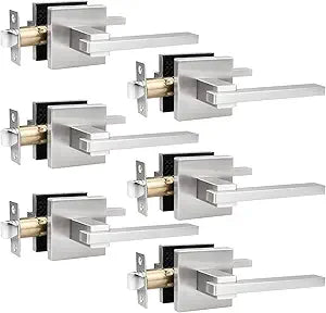Orger 6 Pack Square Passage Door Handle Lever Satin Nickel Non-Locking Door Lock, Hallway and Closet Passage Door Lever for Right & Left Handed Door