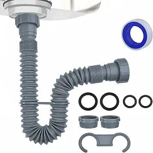 Flexible Sink Drain Pipe 1-1/2 Inch, Adjustable P Trap Kit with 1-1/4 Inch Adapters and Sealing Washers, Expandable 9.8 to 29.5 Inches, Under Sink Plumbing for Bathroom & Kitchen
