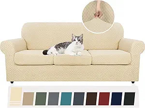 YEMYHOM Latest Checkered 4 Pieces Couch Covers for 3 Cushion Couch High Stretch Thickened Sofa Cover for Dogs Pets Elastic Slipcovers Living Room Furniture Protector (Beige), 71"-91"(3 Cushions)