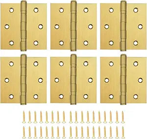 VOLUKA 6 Pack Ball Bearing Door Hinges, 3.5''X 3.5'' Stainless Steel Door Hinges, Non Removable Pin Heavy Duty Door Hinges for Exterior & Interior Doors, Smooth and Quiet. (Gold)