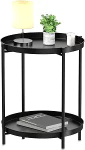 EKNITEY 2 Tier End Table - Metal Side Table with Removable Tray (Black)