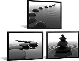 iKNOW FOTO 3pcs Black and White Zen Wall Art Stones in Water Canvas Prints with Black Frame for Bathroom Yoga Meditation Spa Living Room Bedroom Wall Decor Framed Ready to Hang 12x16 Inches
